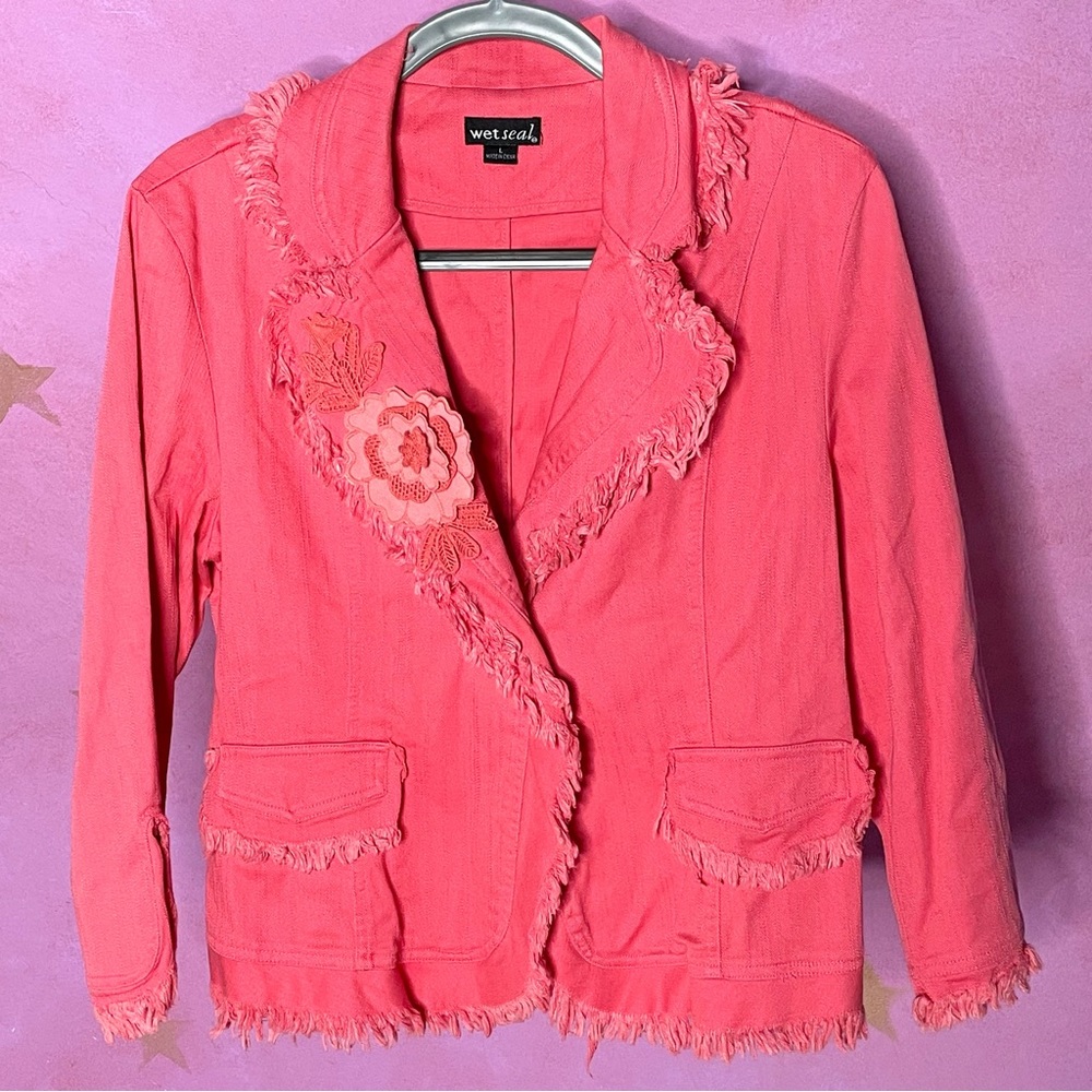 Wet Seal Vintage 90s Coral Raw Hem Floral Detail Jacket Blazer Large